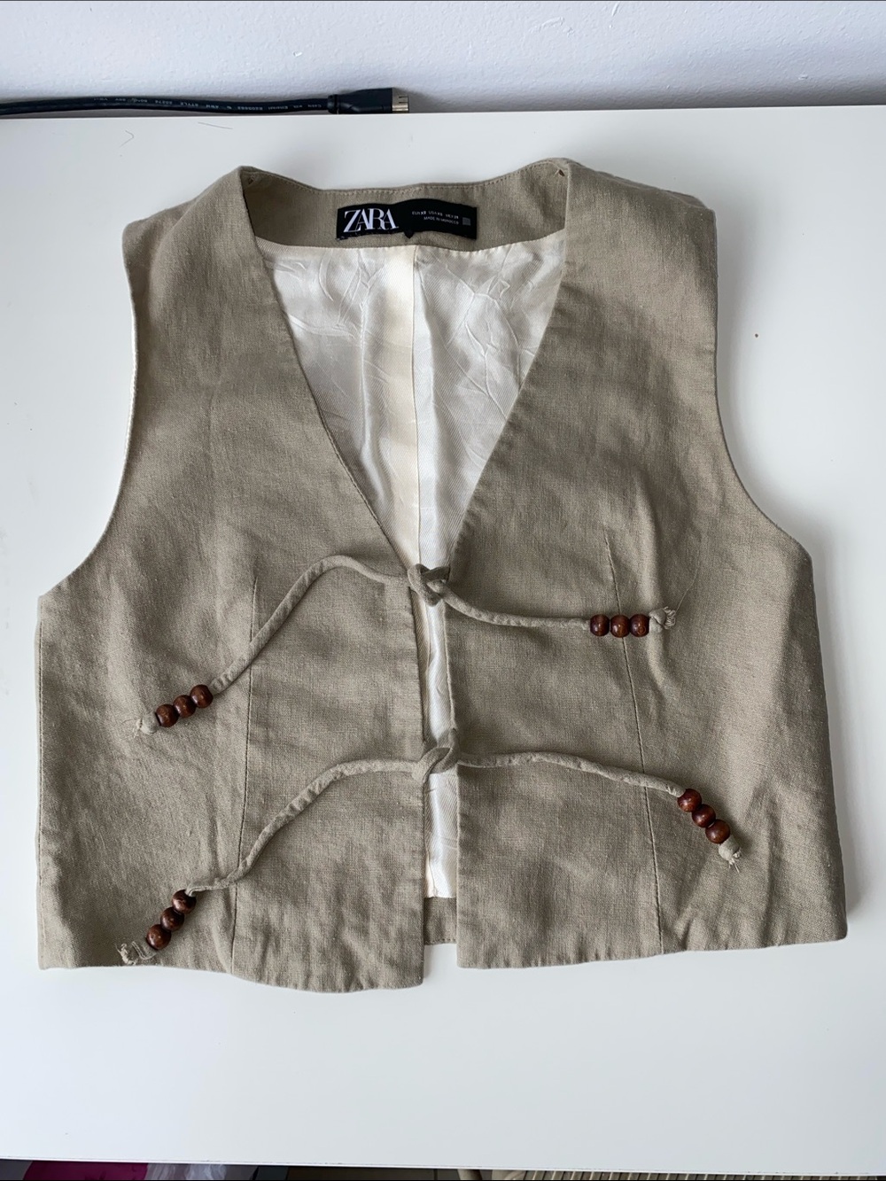 Zara Beige Linen-Blend Vest with Wooden Bead Ties
